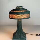 Green Art Deco rattan wicker mushroom "Eiffel" table lamp, 1950s