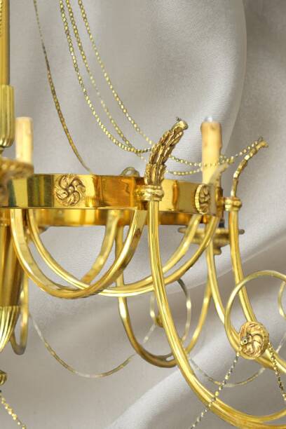 Grand Lustre en Bronze Doré style Directoire Dix Lumières Lucien Gau