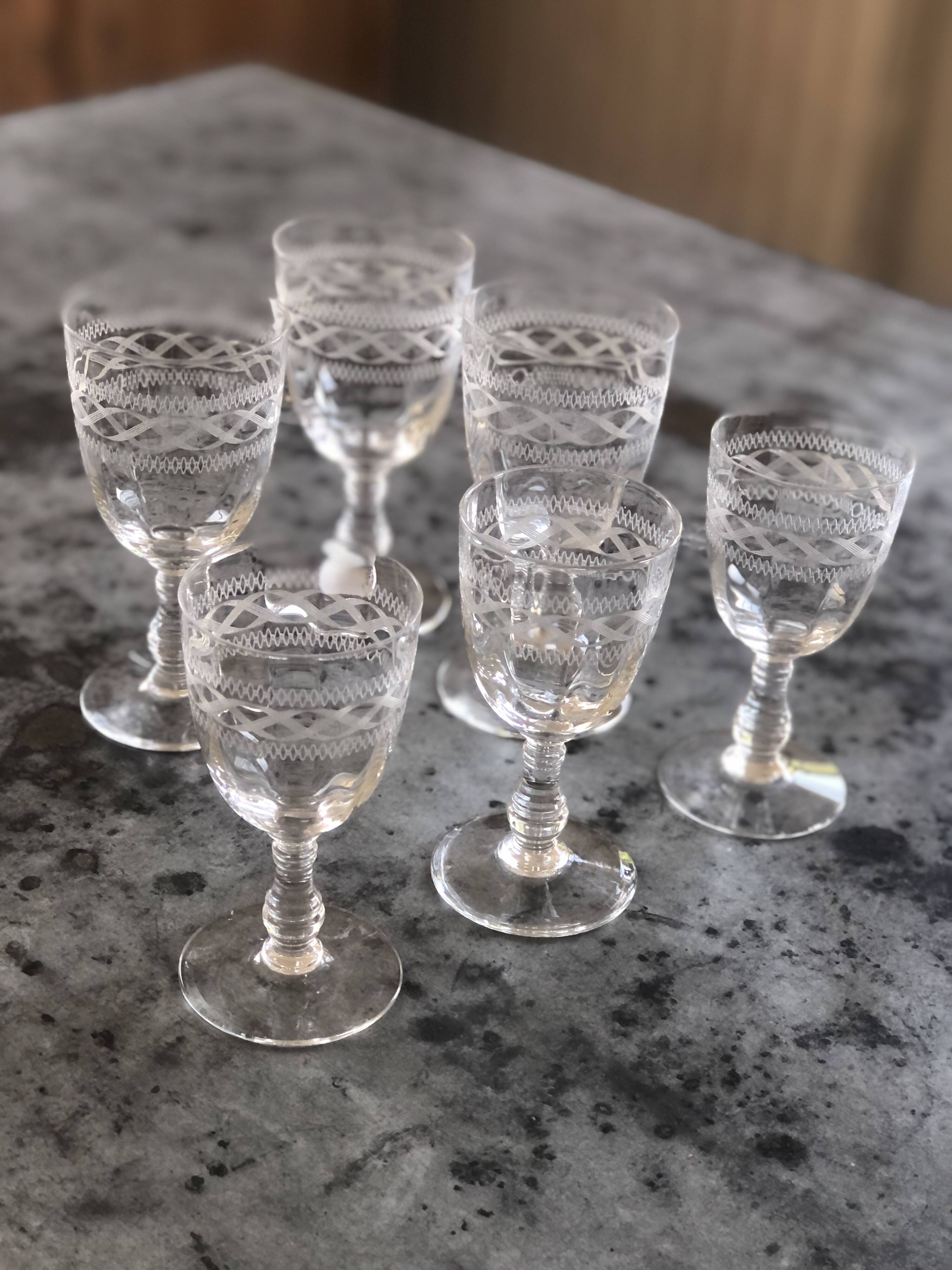 6 old engraved crystal glasses