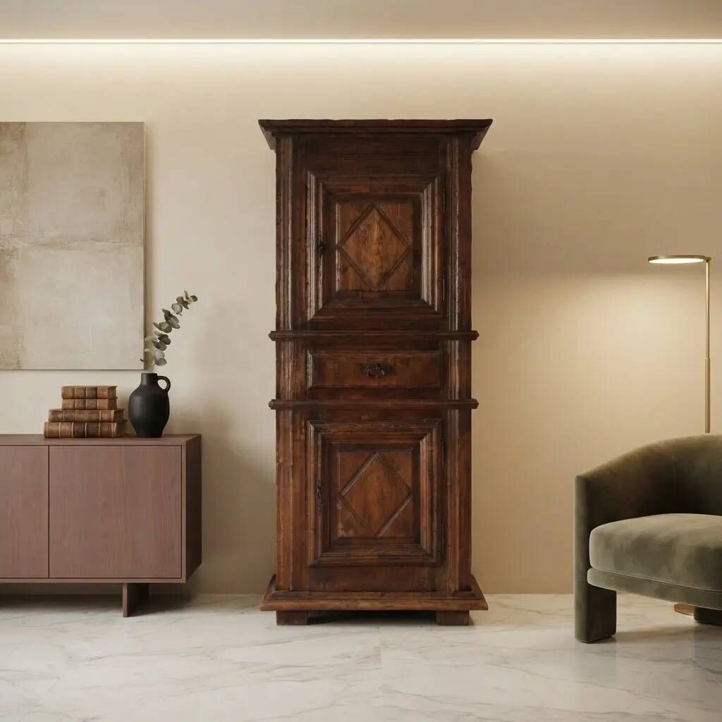 Antique baroque wardrobe in oak with safe, Italy, late 19th century.