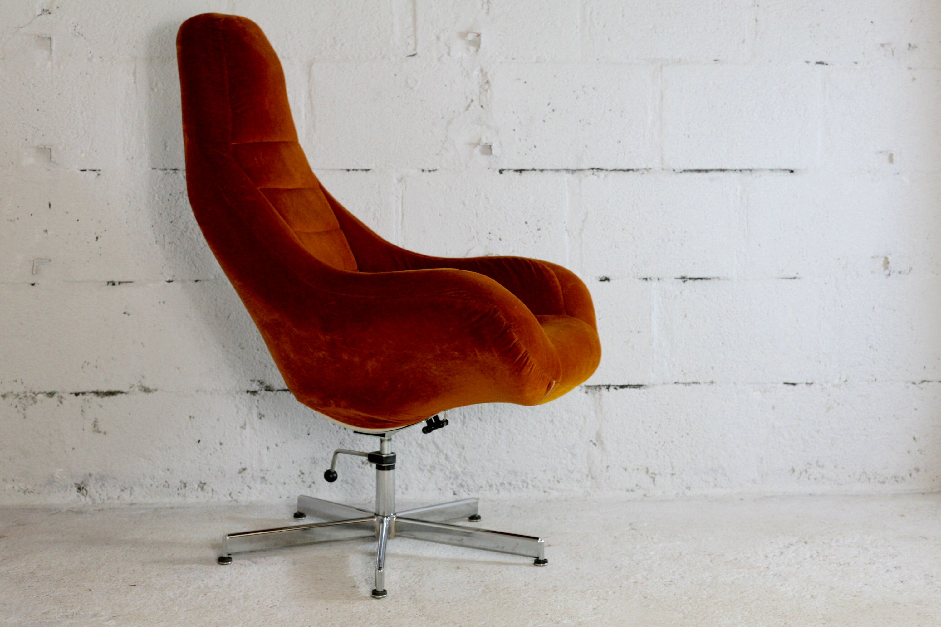 Space age chair, fiberglass, orange velvet, circa 1970s