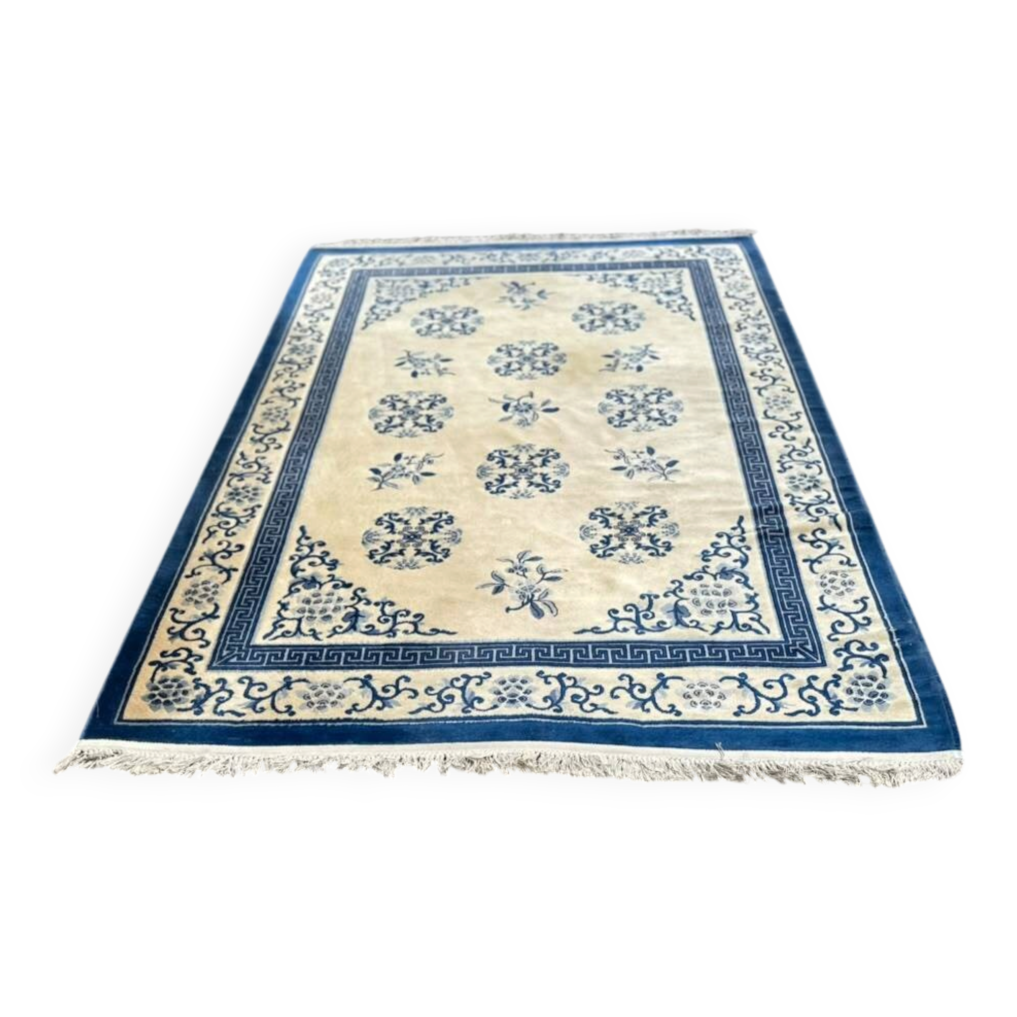 Large Chinese wool rug 200 x 310 cm — Blue & beige (Beijing style)