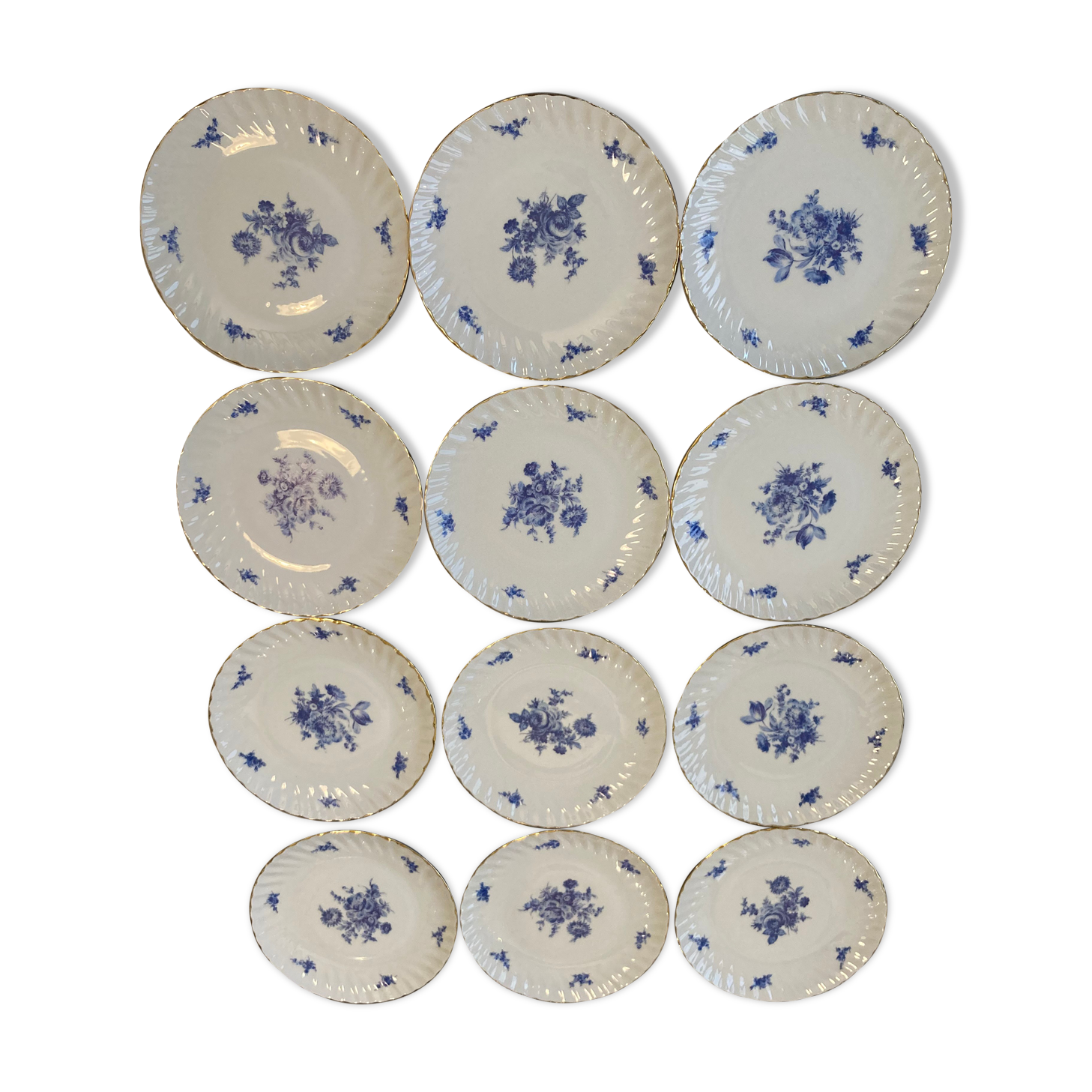 Set of 12 dessert plates blue flowers porcelain Aquitaine