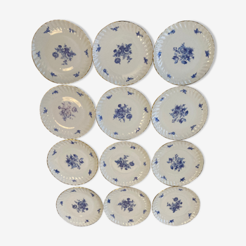 Set de 12 assiettes dessert fleurs bleues porcelaine Aquitaine