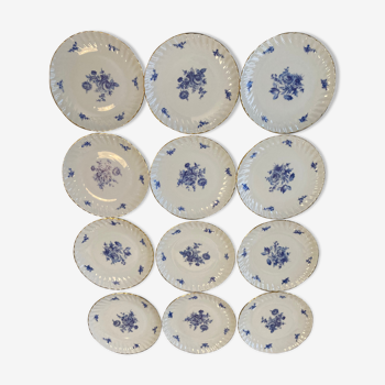 Set of 12 dessert plates blue flowers porcelain Aquitaine