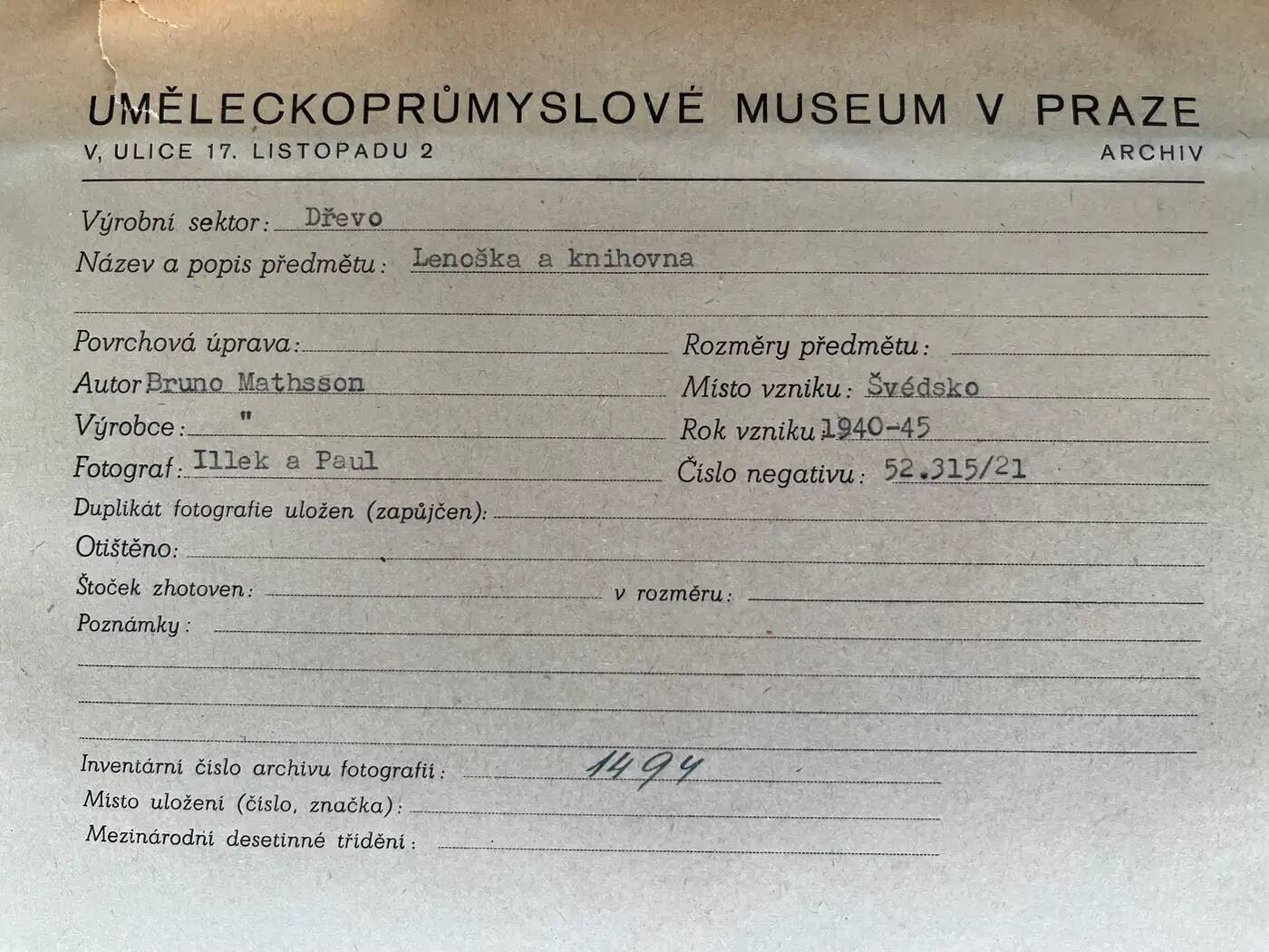 Original photo of furniture by Bruno Mathsson / Sweden - 1945