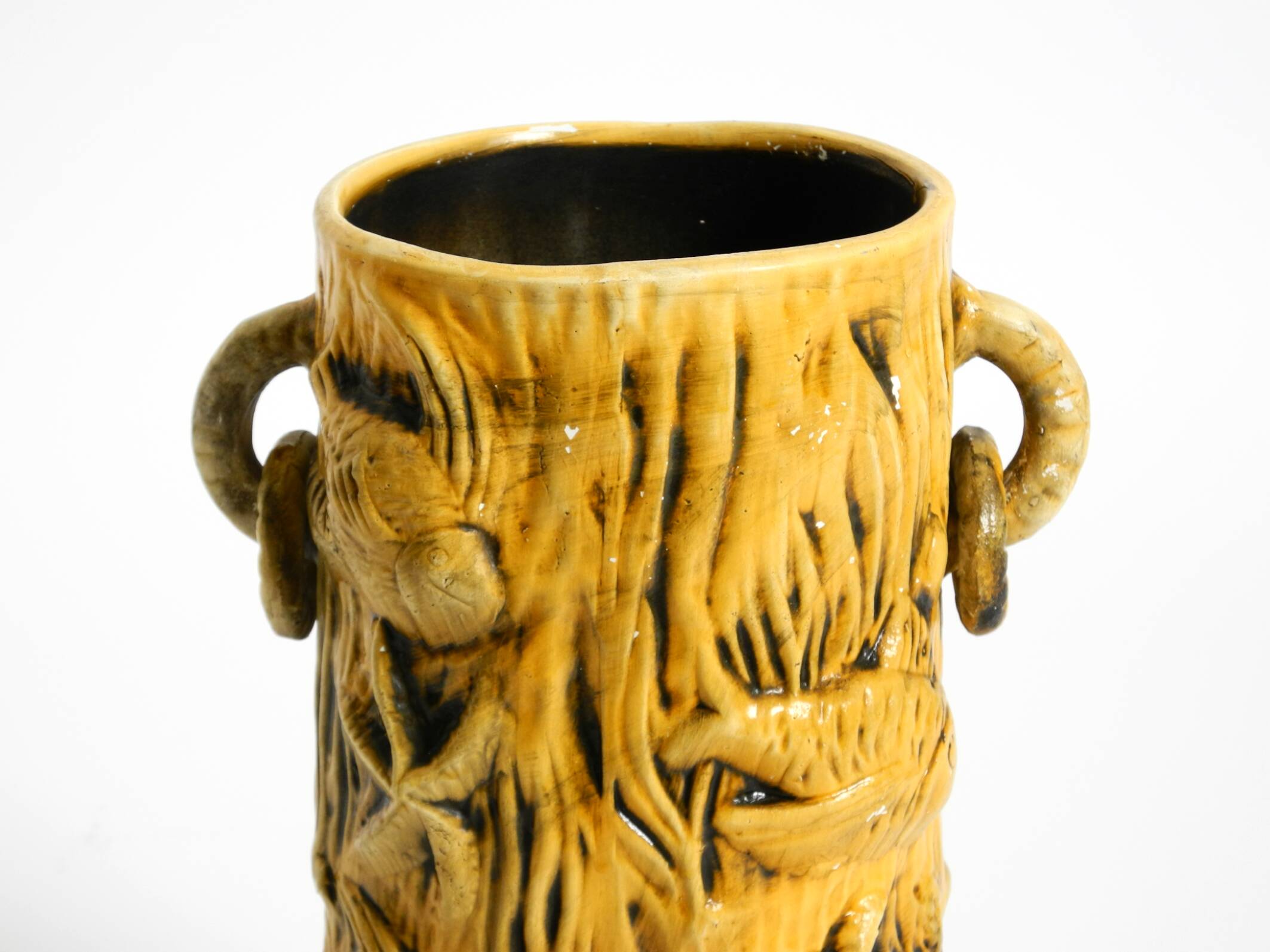 Large handmade glazed ceramic floor vase, handled vase with maritime motifs