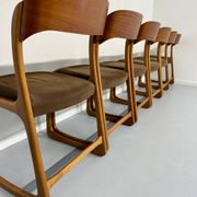 Set of 6 Baumann sleigh chairs in wood and brown fabric, original 1960s