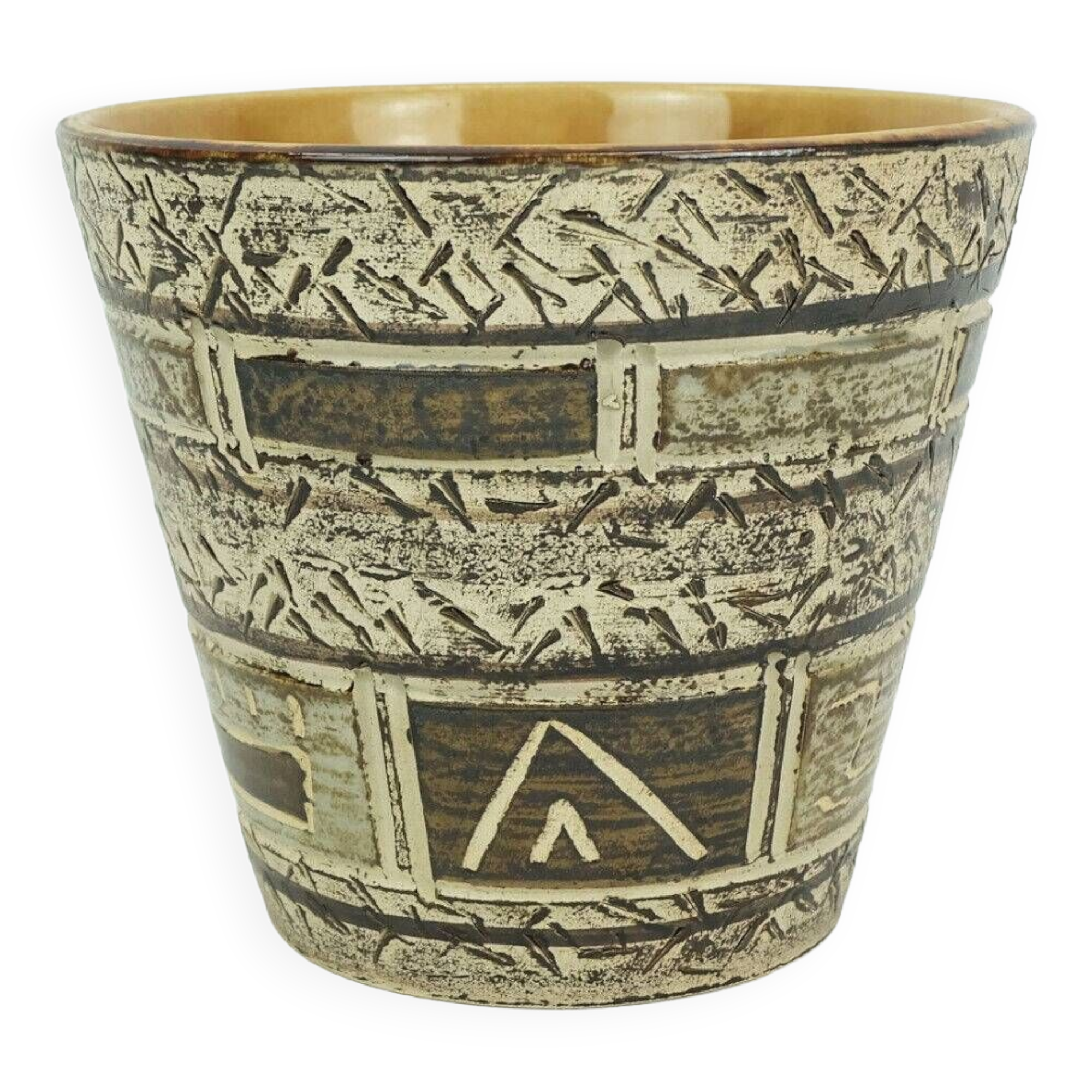 1950s plant pot abstract sgraffito decor shades of brown and beigt