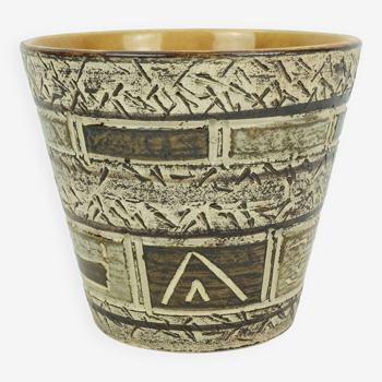 1950 plant pot abstrait sgraffito décor nuances de brun et beigt