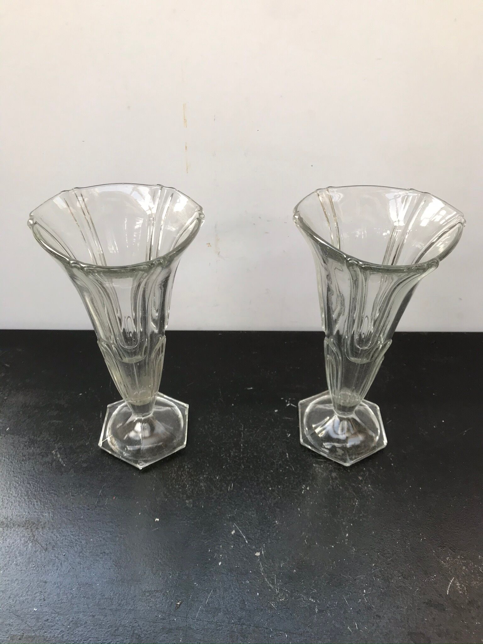 Pair of old art deco style vintage molded glass vases