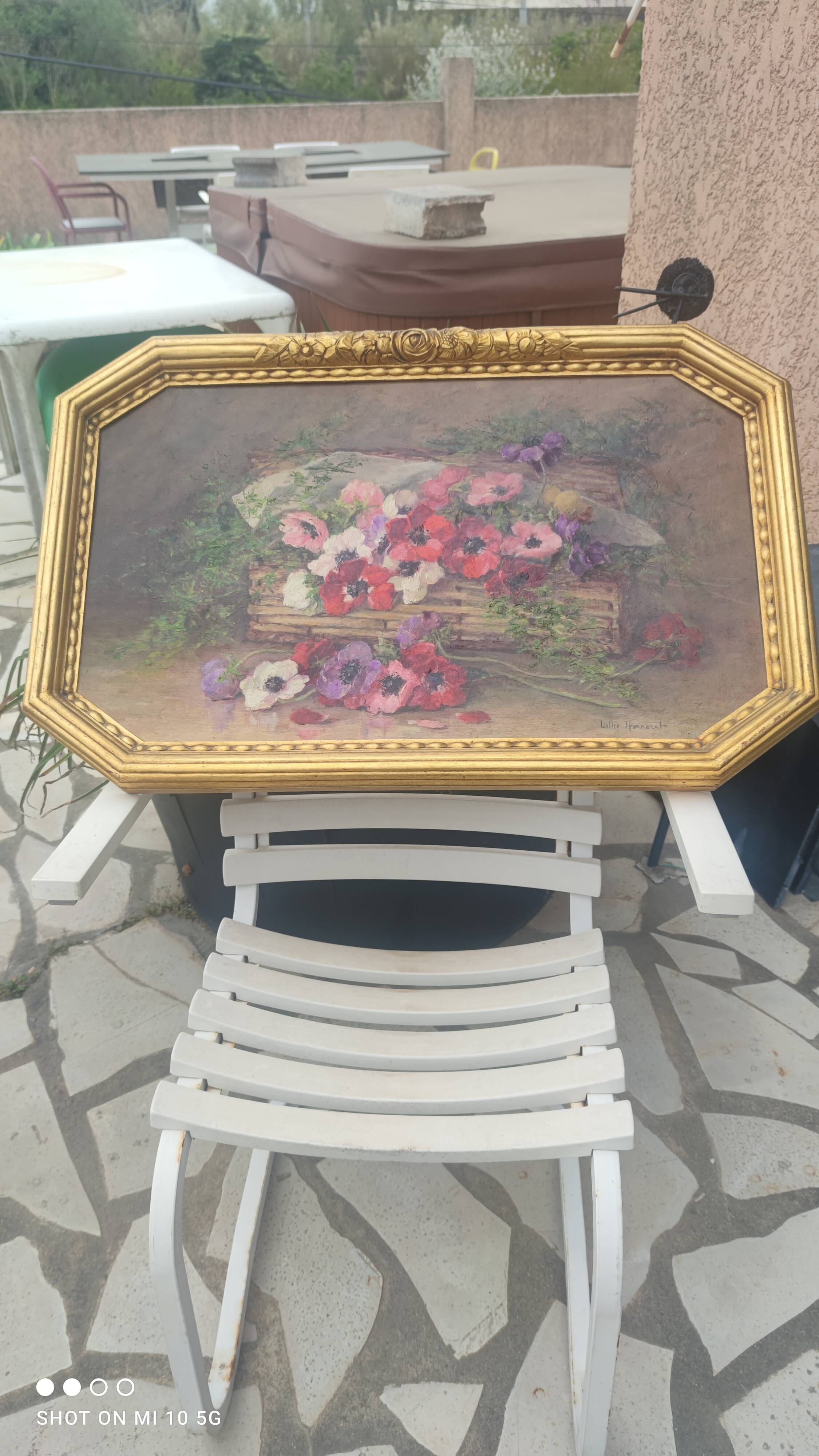 Still life painting, bouquet of flowers, oil on wood by Lillie Honnorat