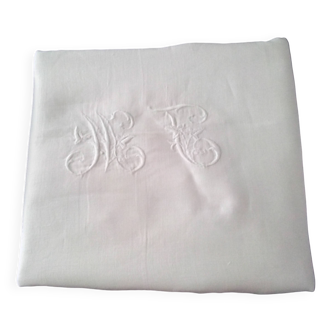 Antique white linen tablecloth monogrammed MC 1.68 X 1.70 m