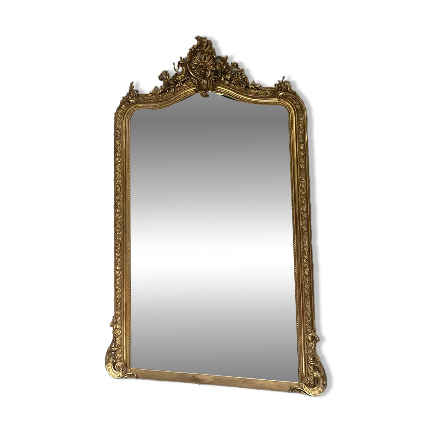 Antique mirror 183.5/116cm with pediments and pearl detailing in gold leaf.
