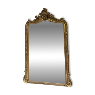 Antique mirror 183.5/116cm with pediments and pearl detailing in gold leaf.