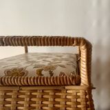 Large vintage rattan and wicker sewing basket with floral decor seat