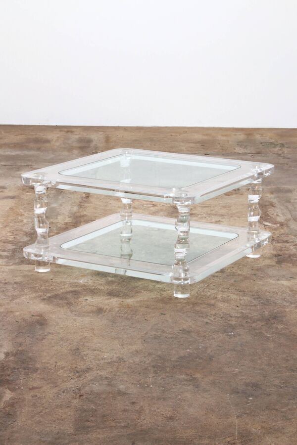 Table basse française Lucite et verre Maison Roméo, années 1970