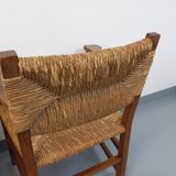 Set of 2 vintage brutalist armchairs in oak wood and straw