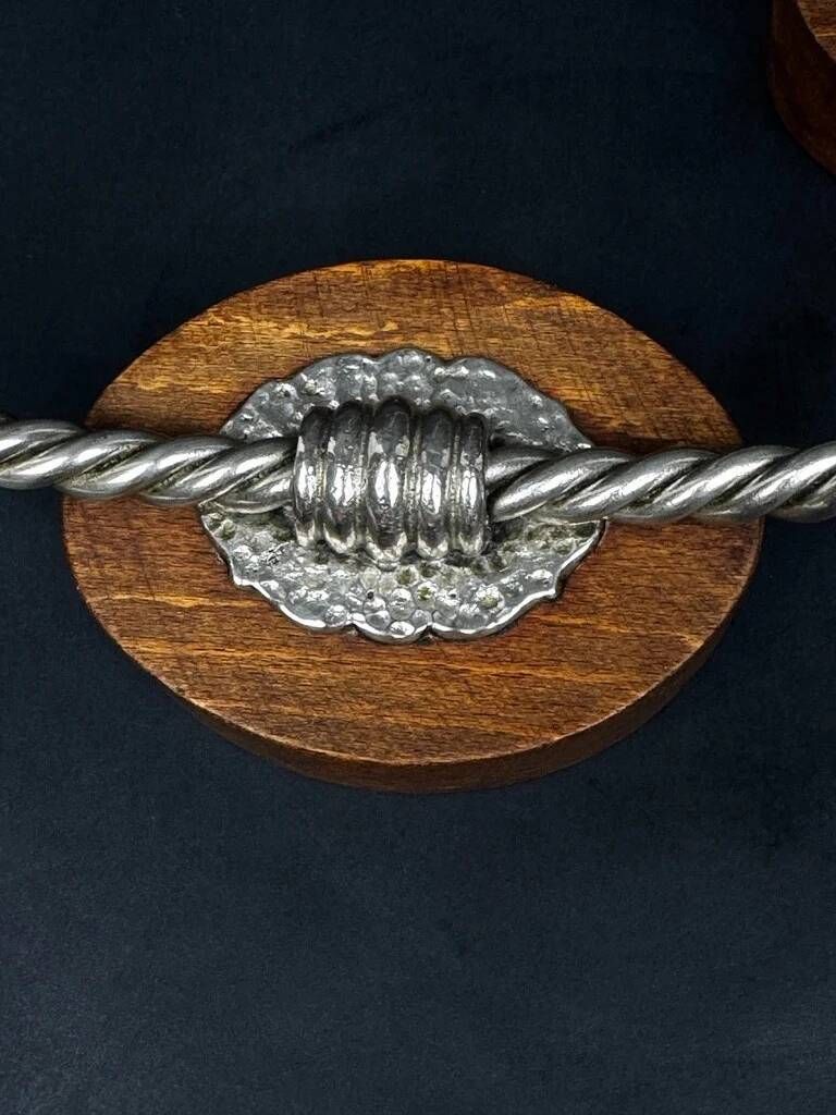 Pair of vintage candle holders in twisted wood and metal – Scandinavian design