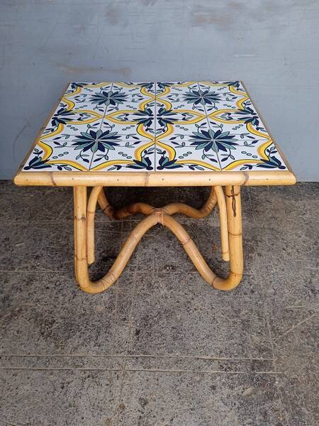 Vintage rattan and ceramic coffee table ep 1970