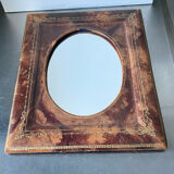 Antique leather framed mirror with gildings 30 cm x  24 cm