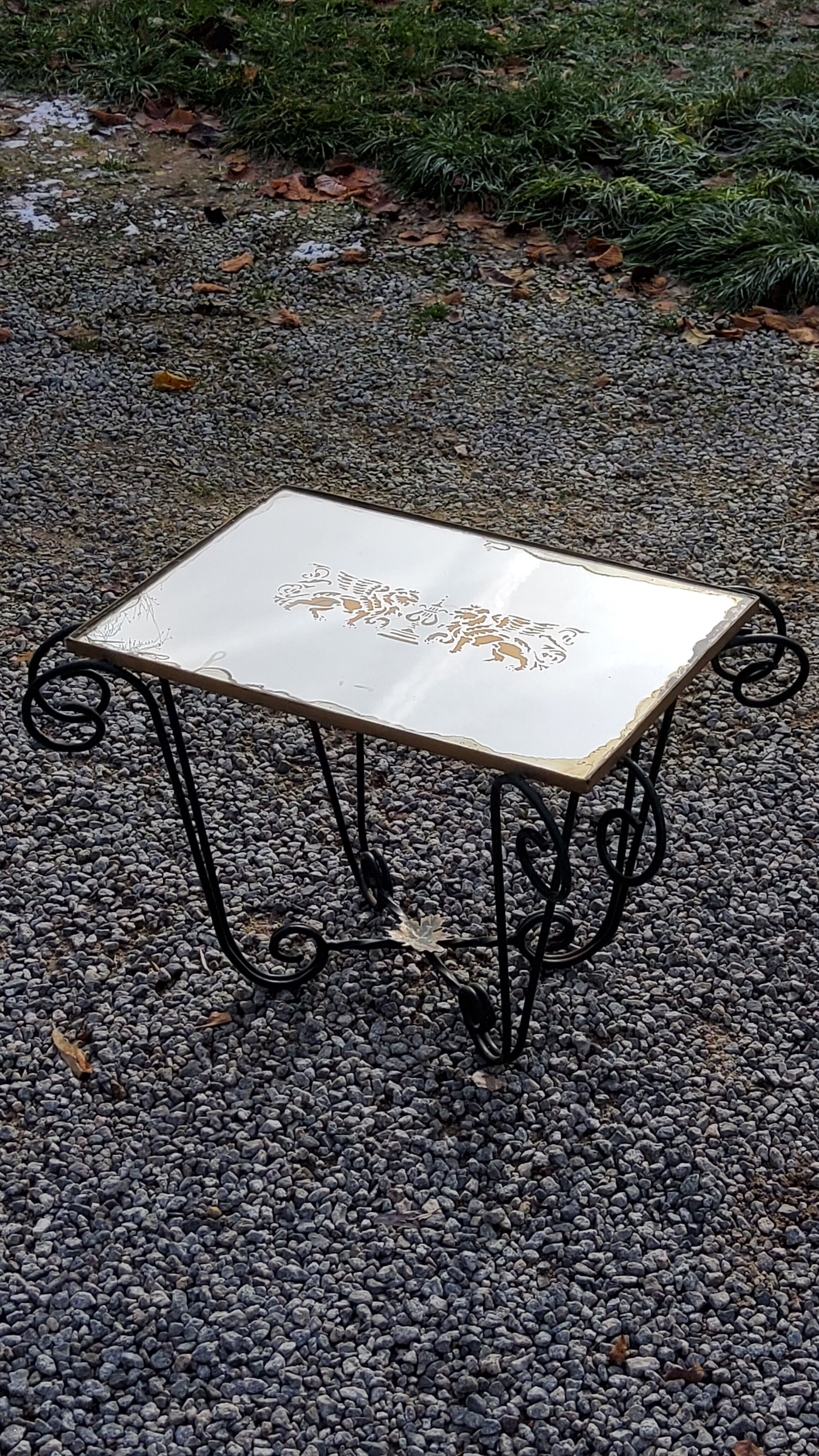 Coffee table end of sofa of the 50s mirror tray base wrought iron