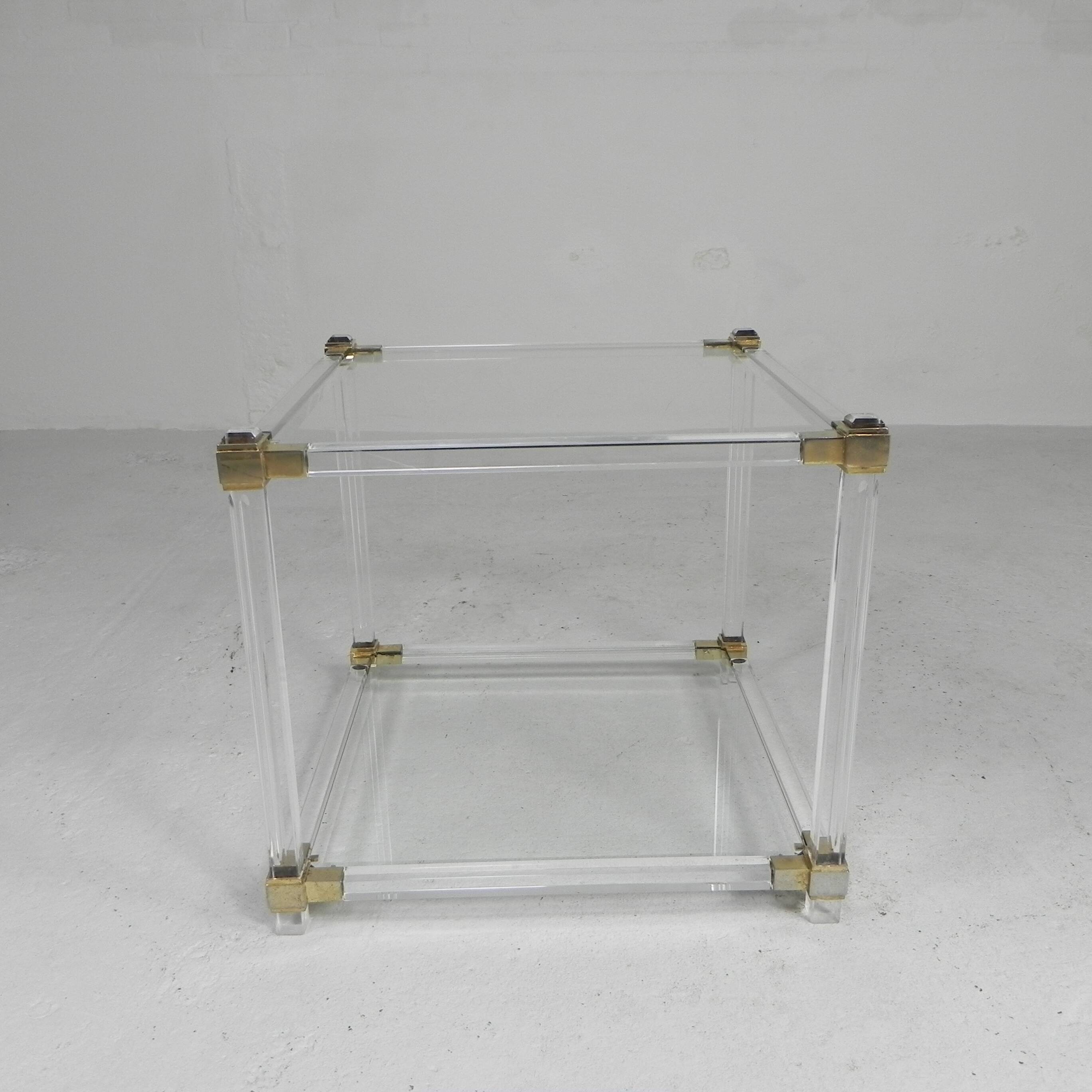 Hollywood Regency coffee table plexiglass, glass, brass, 1970s