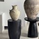 Large oval vase with double handles, featuring raised grey-beige stripes, H42 D28.