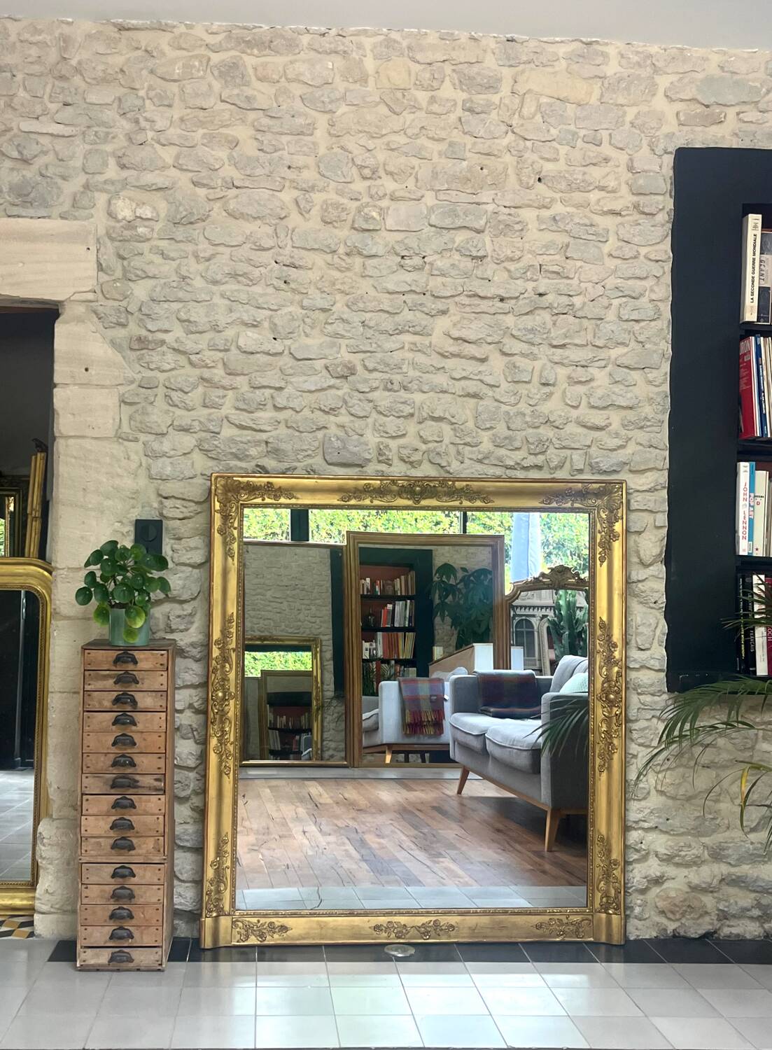 Antique fireplace mirror 144.5cm/131.5cm gold leaf and mercury