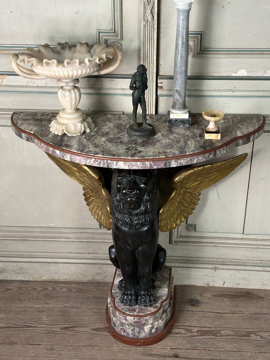 Pair of marble and bronze console tables, Italy, circa 1930