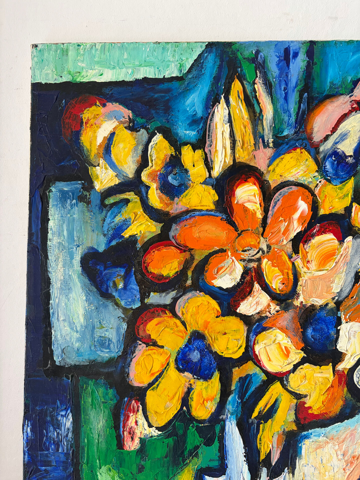 Modern bouquet and stained glass, knife oil signed