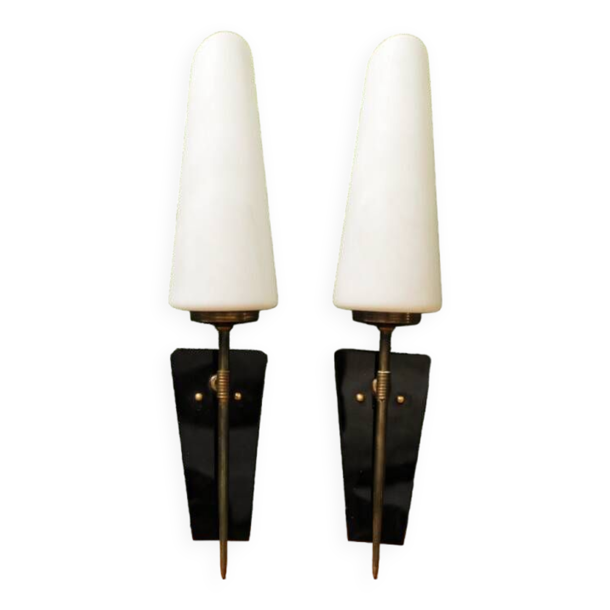 Pair of brass and opaline wall lights, 1950s