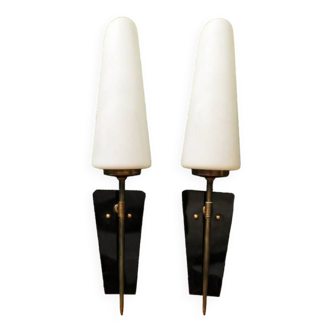 Pair of brass and opaline wall lights, 1950s