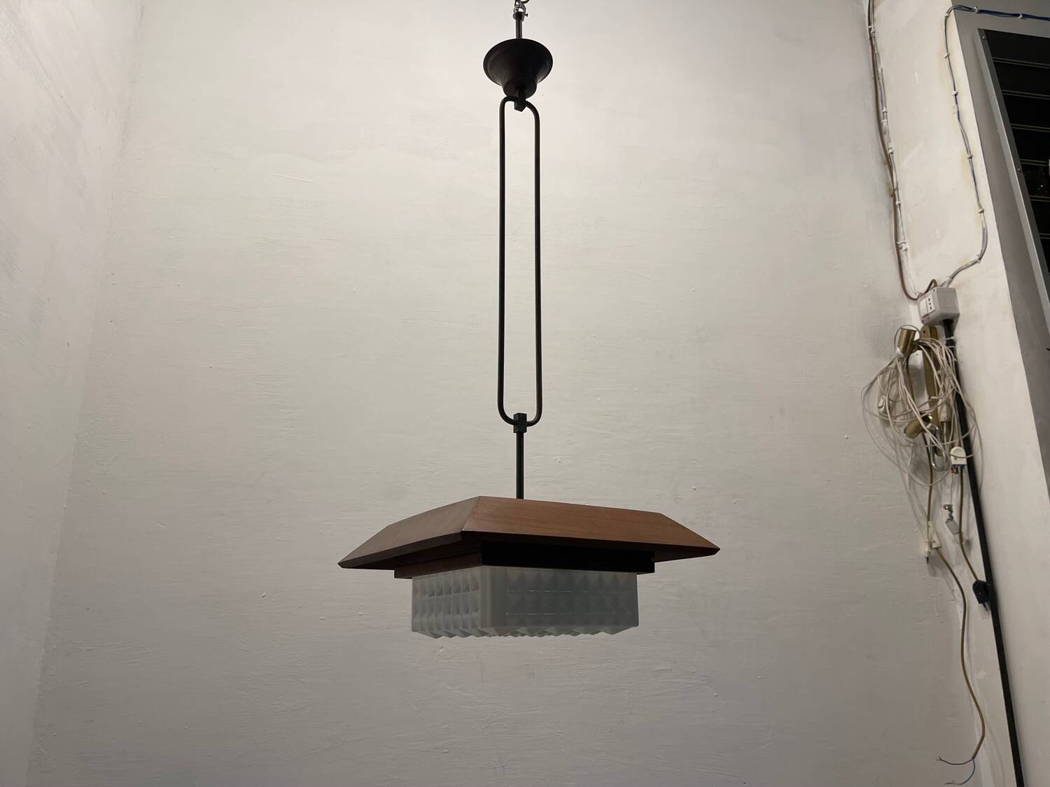 1950s Wood, Bronze & Opaline Glass Pendant Light