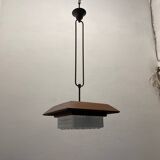 1950s Wood, Bronze & Opaline Glass Pendant Light