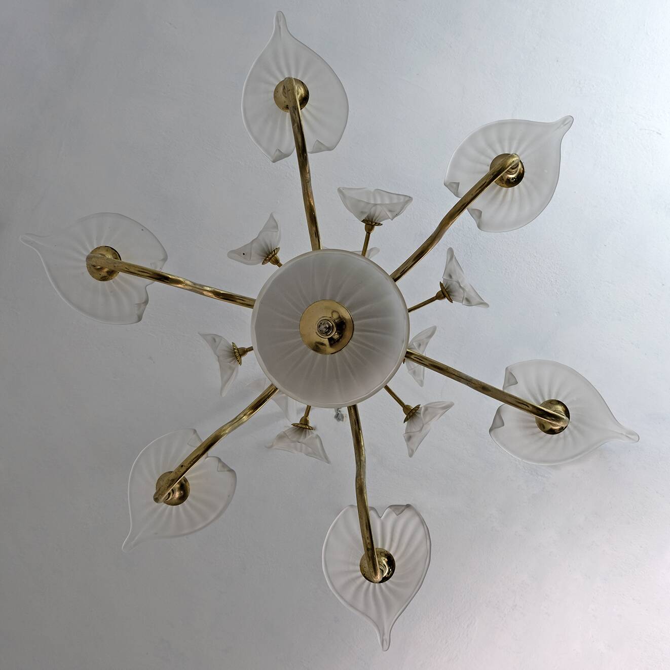 Mid-Century Modern Italian Murano Lattimo and Brass Chandelier, 1970s