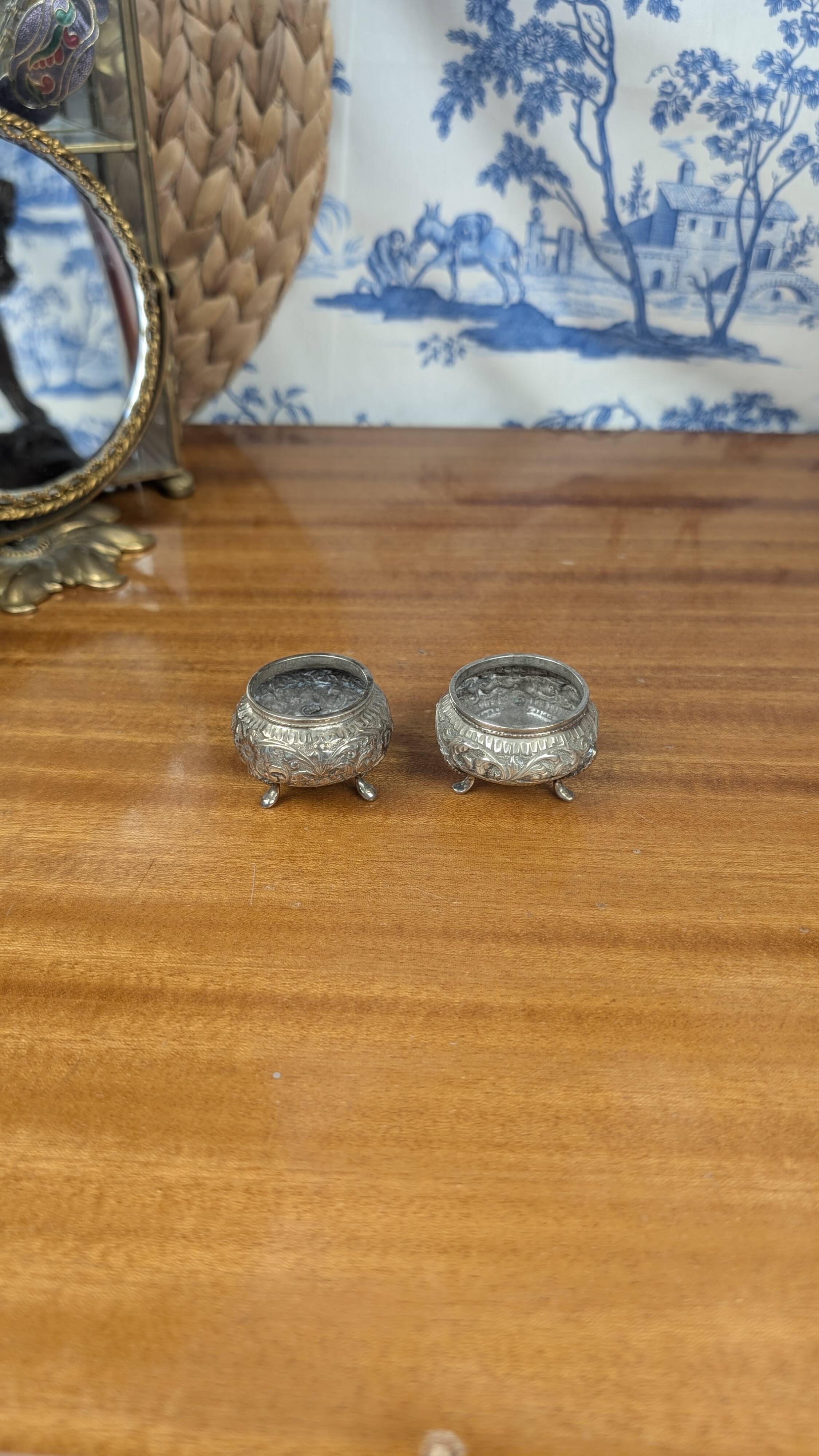 Indian Kutch 800 Silver Open Salt Cellar Pair of 800 Silver Salt Cellars