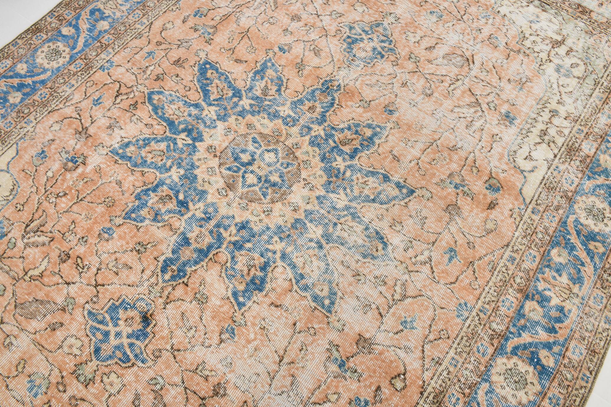 Soft Peach & Blue Oushak Vintage Rug, Made in Anatolian, 220x304 Cm