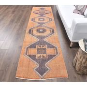2'9x11'4 vintage orange geometric Turkish hand-knotted runner rug 87x348