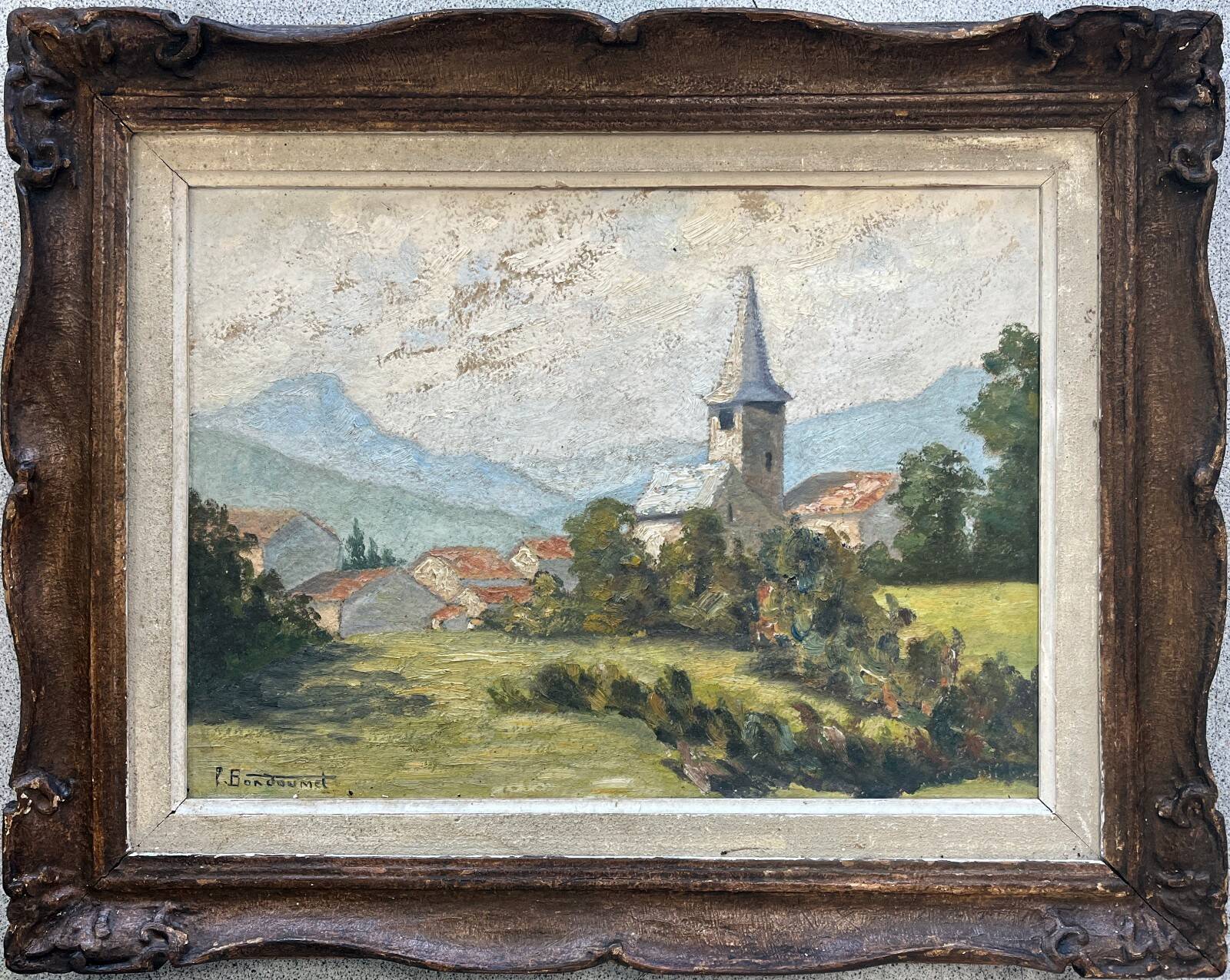 Tableau HSP "Village view with bell tower" signed + frame