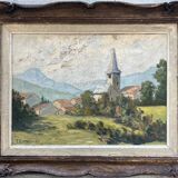 Tableau HSP "Village view with bell tower" signed + frame
