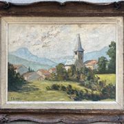 Tableau HSP "Village view with bell tower" signed + frame
