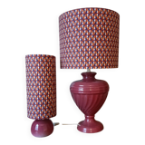 Duo lamp with raspberry ceramic base and vintage print lampshade