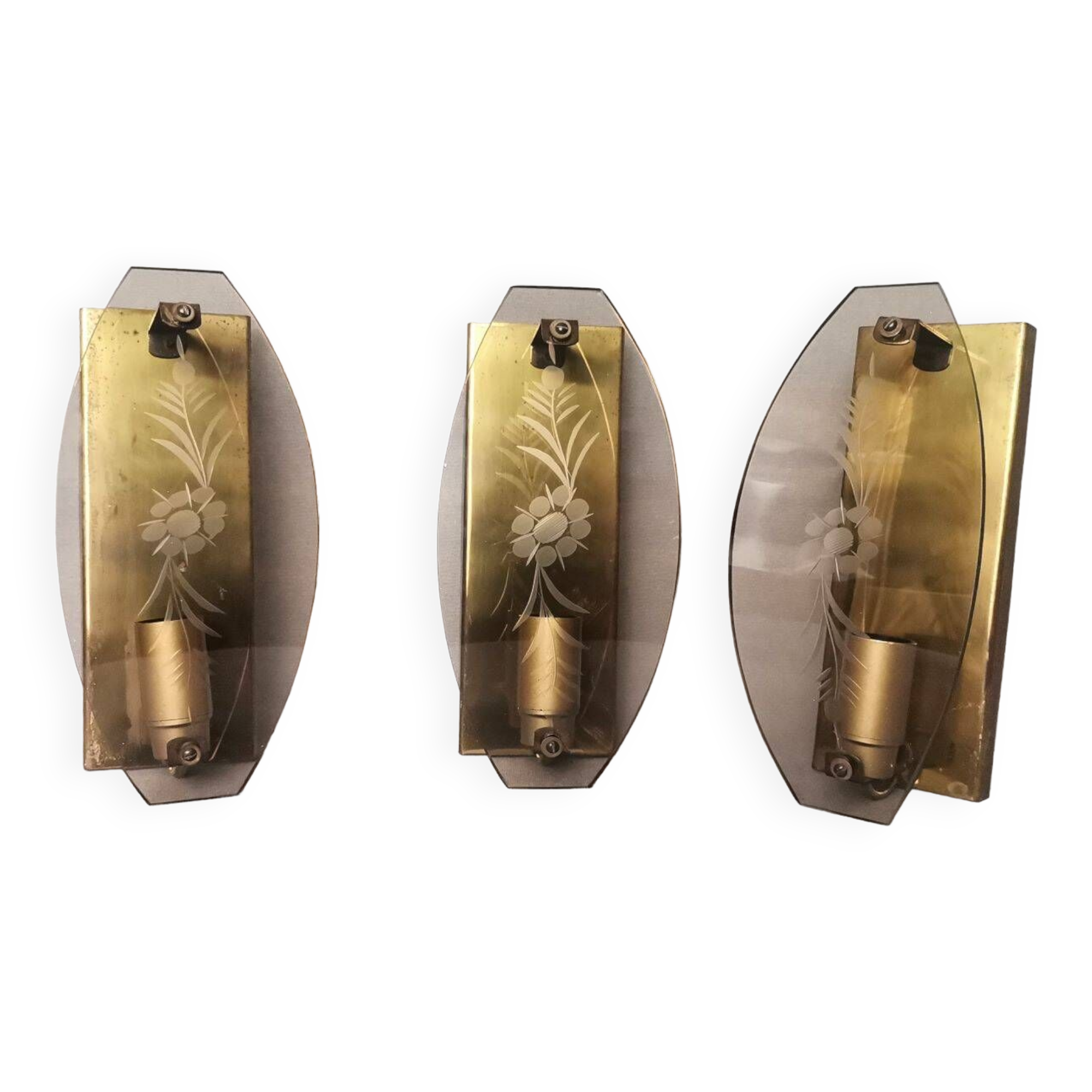 Set of 3 smoked glass and brass wall sconce lamps