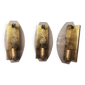 Set of 3 smoked glass and brass wall sconce lamps