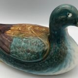 Central soup, dish and lid in polychrome enamelled ceramic, duck shape