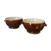 Vintage set of two glazed brown eared bowls