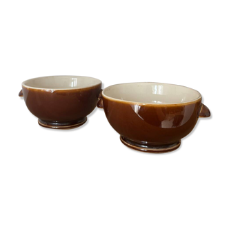 Vintage set of two glazed brown eared bowls