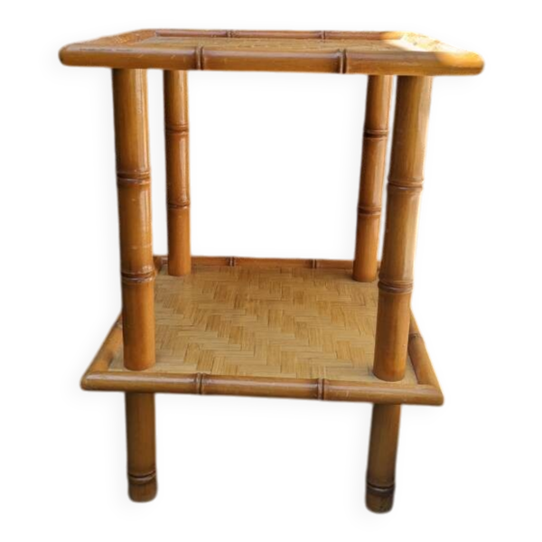 Table de chevet vintage bois effet bambou tressage artisanal japan style