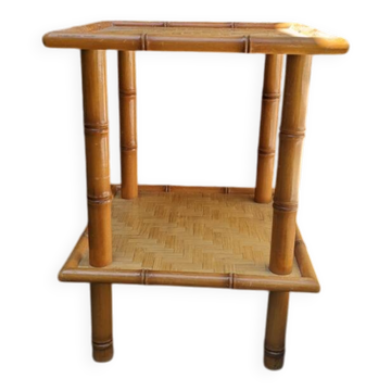 Table de chevet vintage bois effet bambou tressage artisanal japan style